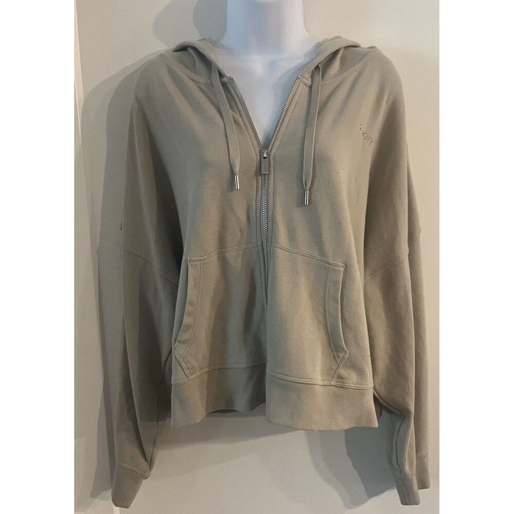 DKNY Beige Cropped Oversized Zip-Up Hoodie With 3/4 Sleeves Women’s Size XXL